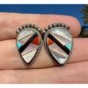 C. C. - Old Pawn Zuni Native American Indian Sterling Silver Inlay Stud Earrings